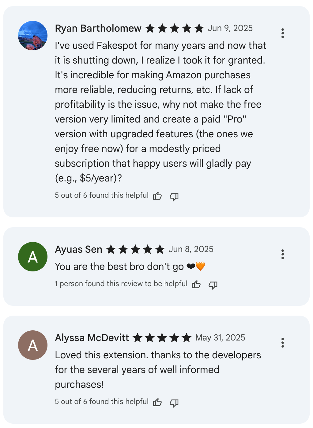 A screenshot of user reviews on the Chrome Web Store expressing frustration about the closure of the service.